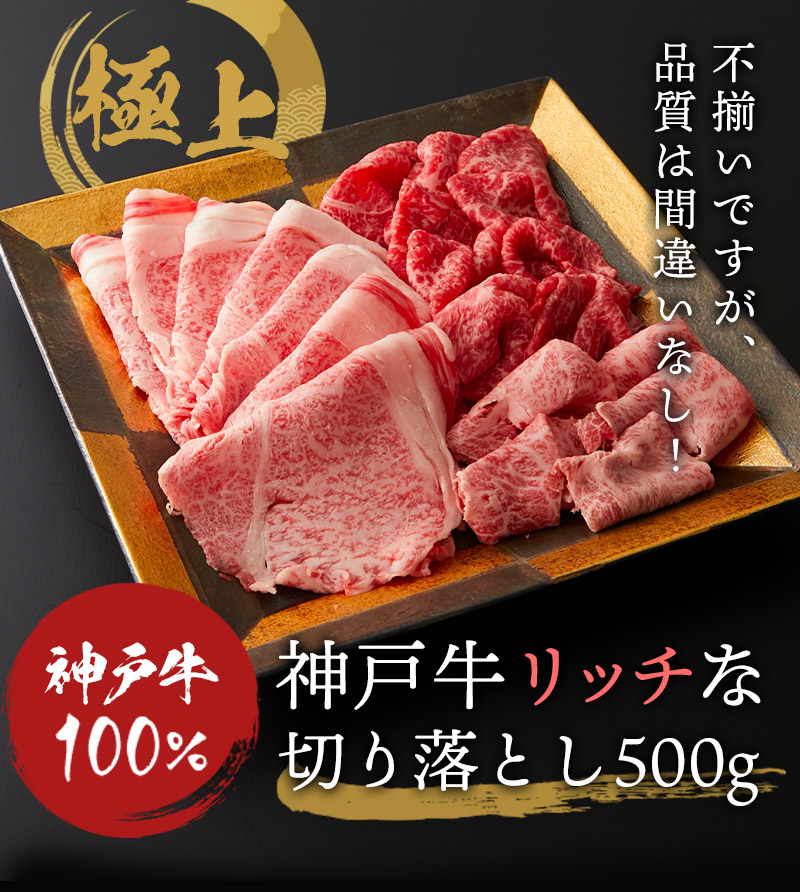 神戸牛100% 不揃いですが、品質は間違いなし! 不揃い肉の切り落とし500g